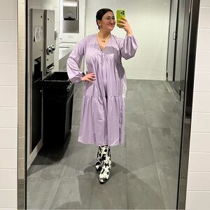 Lilac Satin-esque V-Neck Smock Dress